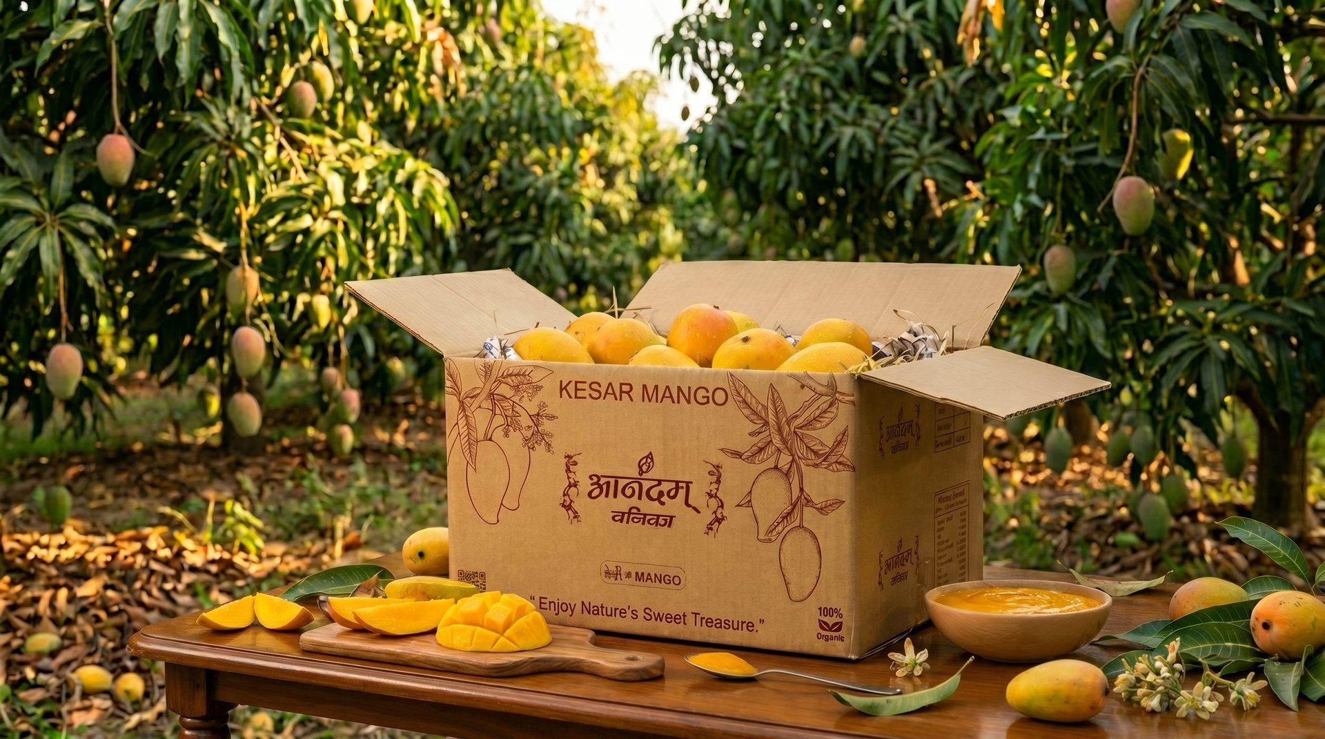 Premium organic Kesar mango selection on wooden base